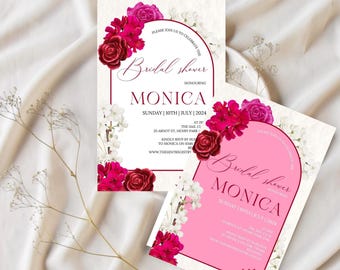 May include: Two pink and white floral bridal shower invitations with a pink background and the text "Bridal Shower" and "Monica" in a cursive font. The invitations are decorated with red, pink, and white flowers.