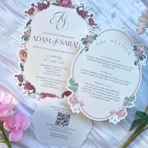 Plantillas de invitación de boda troqueladas con flores: apiladas (Canva editable)