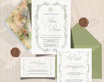Può includere: Un set di inviti di nozze con un bordo floreale verde. L'invito presenta i nomi della coppia, "Adam & Rania", e la data del matrimonio. La carta RSVP include la data entro cui rispondere e le informazioni di contatto. La carta dei dettagli include informazioni sulla cerimonia e sul ricevimento di nozze, nonché informazioni su alloggio e parcheggio.