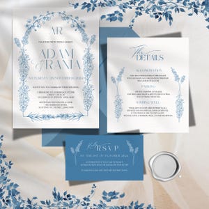 Blue Floral Wedding Invitation Bundle: Vintage Canva Template (Digital Download)