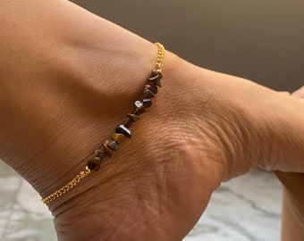 TIGER EYE Anklet, Gemstone Beaded Anklet, Healing Crystal Anklet, Minimalist Jewelry, Women Foot Jewellry, 18th Anniversary Gifts,