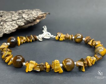 TIGER EYE Beaded Bracelet- 925 Sterling Sliver Bracelet, Gemstone Healing Crystal Adjustable Bracelet, Tiger Eye 18th Anniversary Bracelet