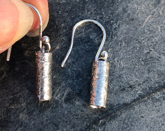 Textured Polished Silver Tube Earrings