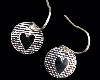 Textured Silver Heart Disc Earrings