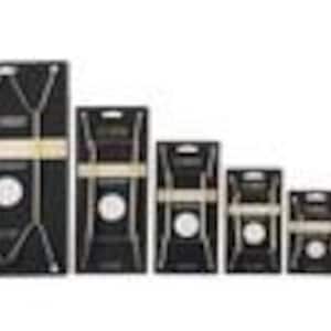 May include: A set of six black rectangular display cards of varying sizes, each featuring a silver-toned metal chain necklace or bracelet attached to the front. Each card includes a white circular label and a horizontal beige band with printed text.