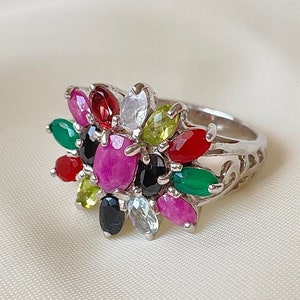 Multi-Stone Cluster Ring Sterling Silver, Mothers Day Gift for Her, Ruby Sapphire Ring, Vintage Crystal Cocktail Ring