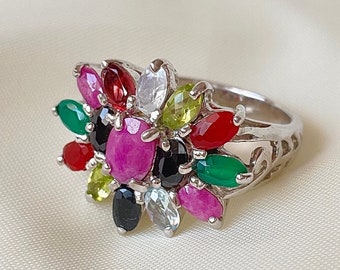 Multi-Stone Cluster Ring Sterling Silver, Gift for Her, Ruby Sapphire Ring, Vintage Crystal Cocktail Ring, Timeless Ring