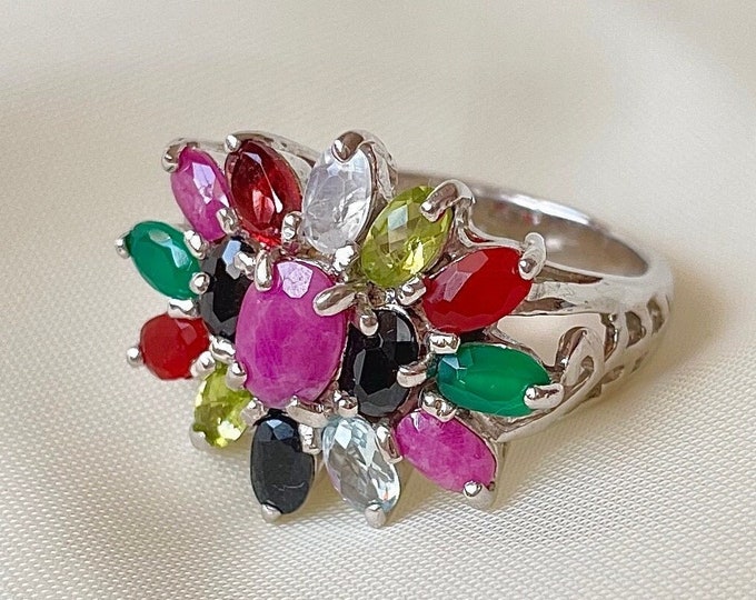 Multi-Stone Cluster Ring Sterling Silver, Mothers Day Gift for Her, Ruby Sapphire Ring, Vintage Crystal Cocktail Ring