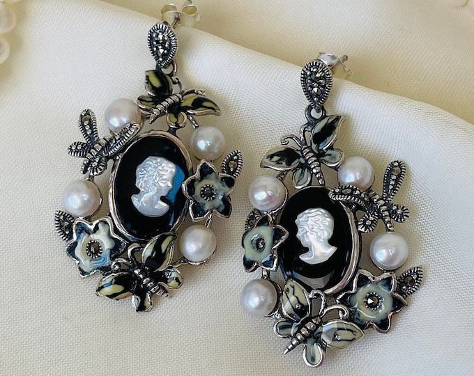 Floral Enamel Earrings, Black Cameo Earrings 925 Sterling Silver, Pearl Earrings, Nature Earrings, Butterfly Earrings, Gift for Her