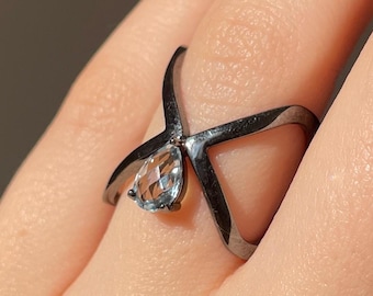 Blue Topaz Ring Black Rhodium Plated Sterling Silver