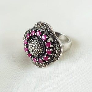 Vintage Ruby Ring Sterling Silver, July Birthstone Ring, Statement Ring Solid Silver, Ruby Cocktail Ring, Gift for Her