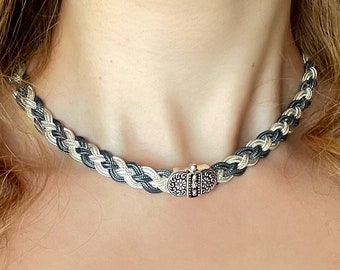 Braided Necklace Choker 925 Sterling Silver, Black and White Tone Braid Necklace, Christmas Gift for Her