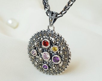 Round Marcasite Pendant in Sterling Silver, Vintage Style Necklace Charm, Handmade Antique Inspired Jewelry, Art Deco Silver Pendant