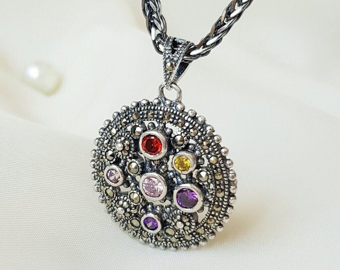 Round Medallion Pendant With Crystals 925 Sterling Silver, Handmade Statement Necklace for Women, Vintage Jewelry, Mothers Day Gift for Her