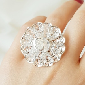 Lace Filigree Large Flower Ring Sterling Silver, Big Rose Floral Statement Ring, Bridal Bridesmaid Ring, Mothers Day Gift for Her