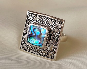 Square Abalone Shell Ring 925 Sterling Silver