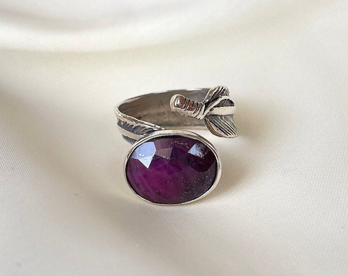 Ruby Wrap Leaf Ring 925 Sterling Silver