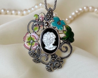 Floral Cameo Necklace Sterling Silver, Victorian Cameo Brooch , Mothers Day Gift, Gift for Her, Anniversary Gift