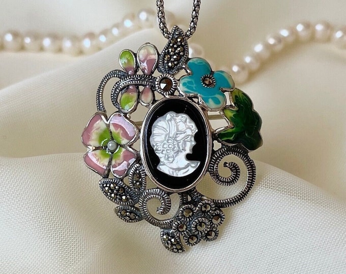 Floral Cameo Necklace Sterling Silver, Victorian Cameo Brooch , Mothers Day Gift, Gift for Her, Anniversary Gift