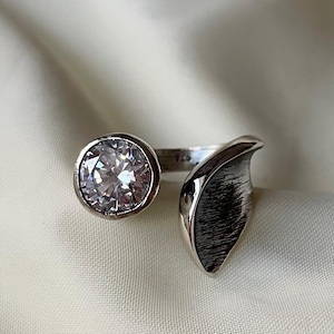 Solitaire Zircon Ring Sterling Silver, Adjustable Crystal Zircon Statement Boho Ring, Handmade Ring for Women, Mothers Day Gift for Her