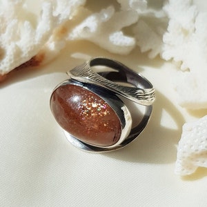 Orange Sunstone Ring Sterling Silver, Sunstone Statement Ring, Handmade Boho Rings for Women, Sparkling Orange Stone Ring, Gift for Her