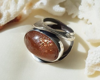 Orange Sunstone Ring 925 Sterling Silver