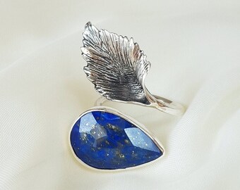 Lapis Lazuli Wrap Leaf Ring 925 Sterling Silver