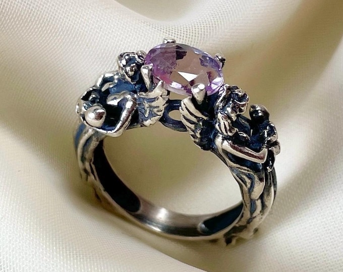 Natural Amethyst Angel Ring 925 Sterling Silver