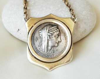 Queen Arsinoe Coin Necklace 22k Gold Plated 925 Sterling Silver