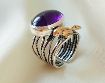 Amethyst Band Ring With Bird 925 Sterling Silver