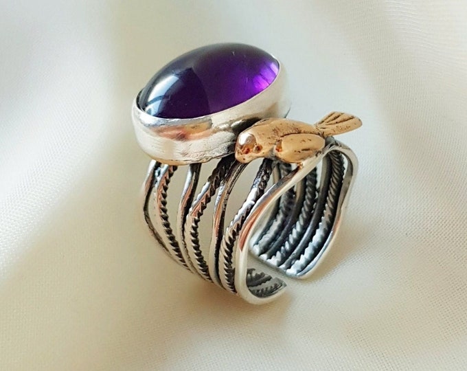 Amethyst Band Ring With Bird 925 Sterling Silver