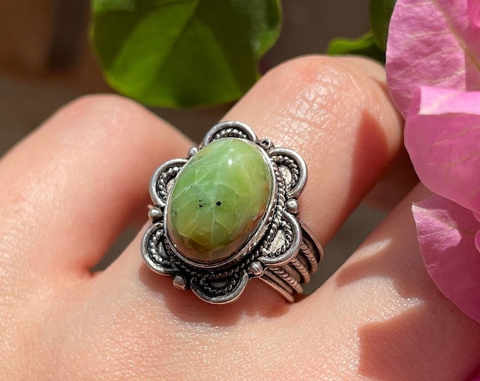 Green Chrysoprase Flower Ring 925 Sterling Silver
