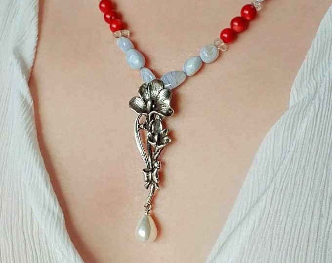 Flower Bouquet Pendant Beaded Necklace 925 Sterling Silver