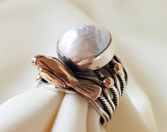 Freshwater Pearl Ring with Bird 925 Sterling Silver