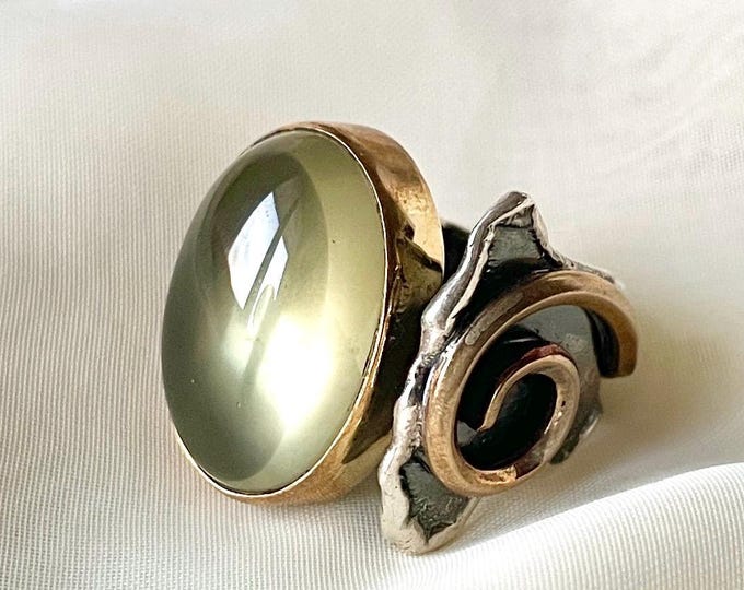 Big Prehnite Spiral Ring Sterling Silver