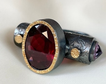 Big Garnet Amethyst Ring Sterling Silver, January Birthstone, Bold Statement Ring for Women, Unique Rings Handmade, Christmas Gift for Her