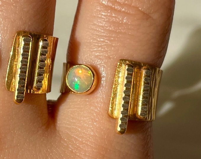 Opal Open Band Ring 22k Gold 925 Sterling Silver