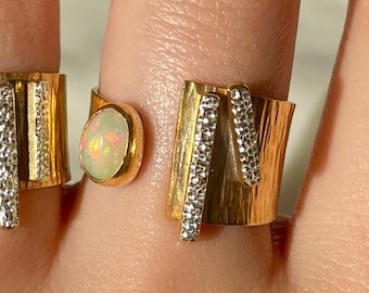 Opal Open Band Ring 22k Gold 925 Sterling Silver