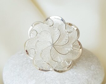 Large Flower Filigree Ring 925 Sterling Silver