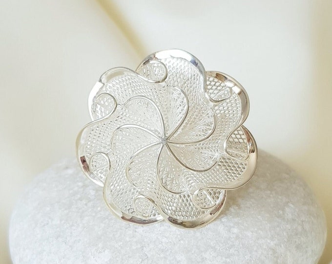Large Flower Filigree Ring 925 Sterling Silver