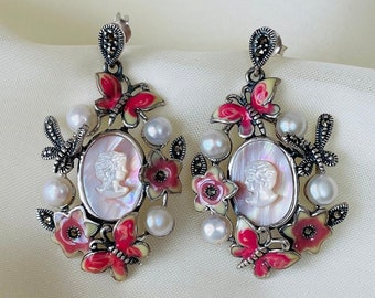 Pink Floral Earrings Sterling Silver, Pink Cameo Earrings Silver, Mother of Pearl Dangle Earrings, Gift for Her, Handmade Jewelry