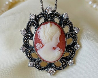 Vintage Style Cameo Pendant 925 Sterling Silver, Pink Resin Portrait, Marcasite Accents, Victorian Inspired Necklace, Gift for Her