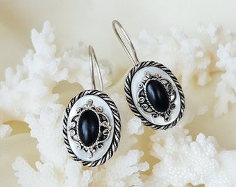 Mother of Pearl And Onyx Dangle Earrings 925 Sterling Silver
