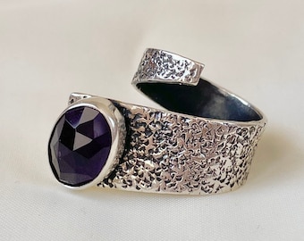 Adjustable Textured Amethyst Ring 925 Sterling Silver