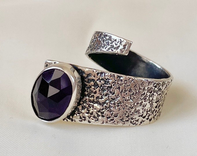 Adjustable Textured Amethyst Ring 925 Sterling Silver