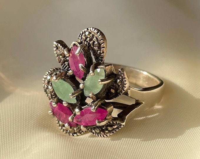Vintage Ruby Emerald Ring Sterling Silver
