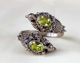Peridot Ring Sterling Silver, August Birthstone Ring, Two Stone Peridot Bypass Adjustable Ring, Gemstone Ring for Women, Gift for Her
