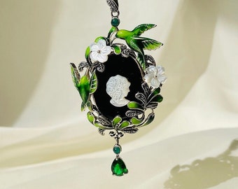 Large Green Cameo Pendant Sterling Silver, Flower Bird Necklace, Victorian Cottagecore Jewelry, Gift for Her, Necklace for Nature Lover