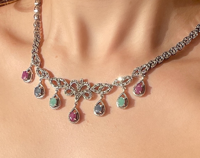 Vintage Ruby Emerald Sapphire Necklace 925 Sterling Silver