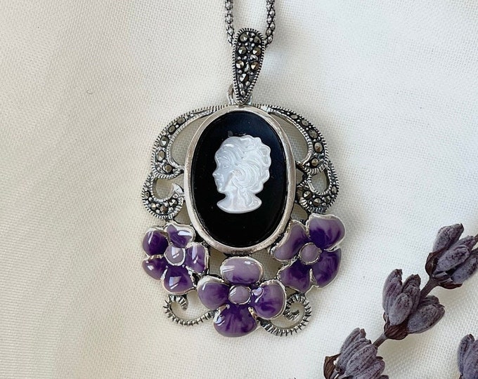 Purple Flowers Cameo Pendant 925 Sterling Silver